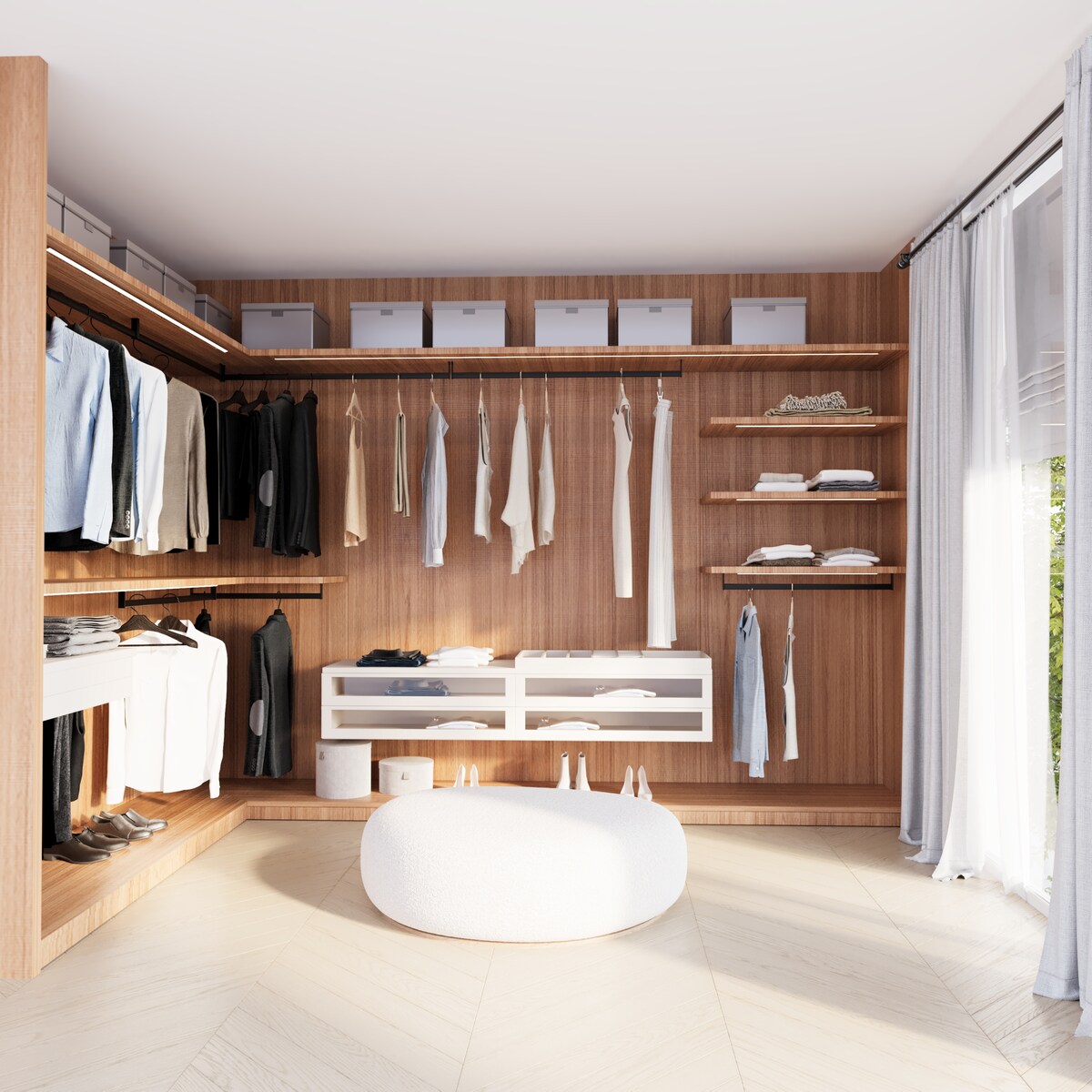 Fashion-forward walk-in closet with rich wood accents and curated clothing layout in Washington, DC by DesignLab
