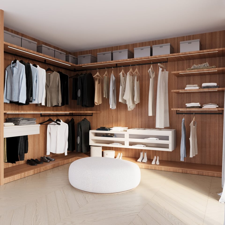 Stylish custom closet with walnut cabinetry and a white ottoman designed by DesignLab in Washington, DC for Jenee Naylor
