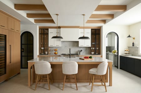 Full view of custom kitchen featuring natural wood textures and modern lighting in a DesignLab home in Kalorama, DC