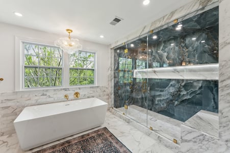 Luxury bathroom with large glass shower and freestanding tub by DesignLab in Metro Washington