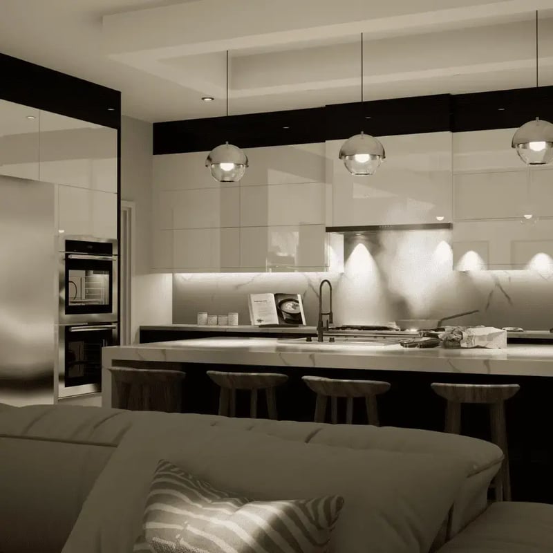 Rendering of a modern kitchen project with sleek, white cabinets in Northern Virginia.