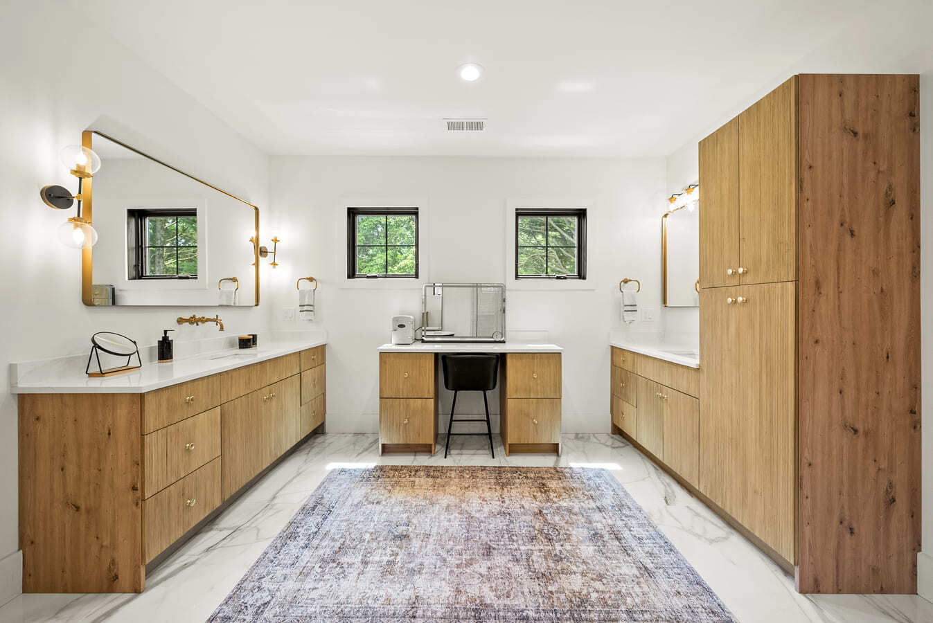 Custom bathroom remodel with dual vanities and central makeup station by DesignLab in Washington DC Metro