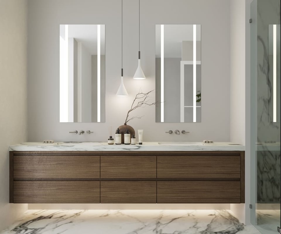 Floating double-sink vanity with marble top and wood finish remodeled by DesignLab in Washington DC Metro