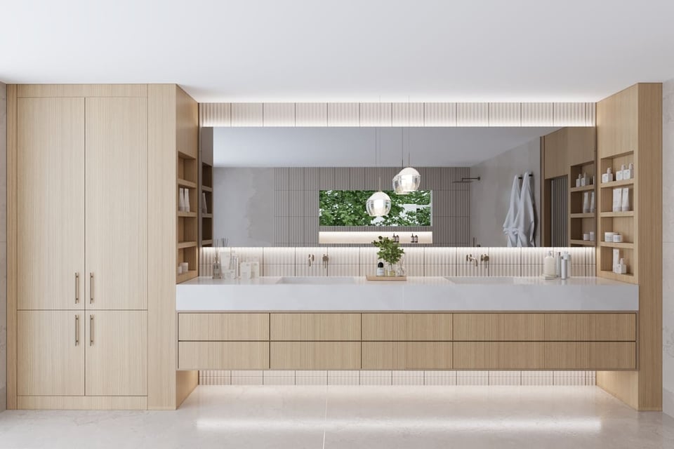 Sleek wood and white bathroom vanity remodel with full-wall mirror by DesignLab in Washington DC Metro