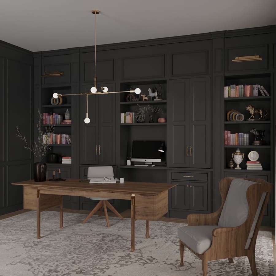 Classic home office with dark custom cabinetry and brass lighting by DesignLab in Northern Virginia
