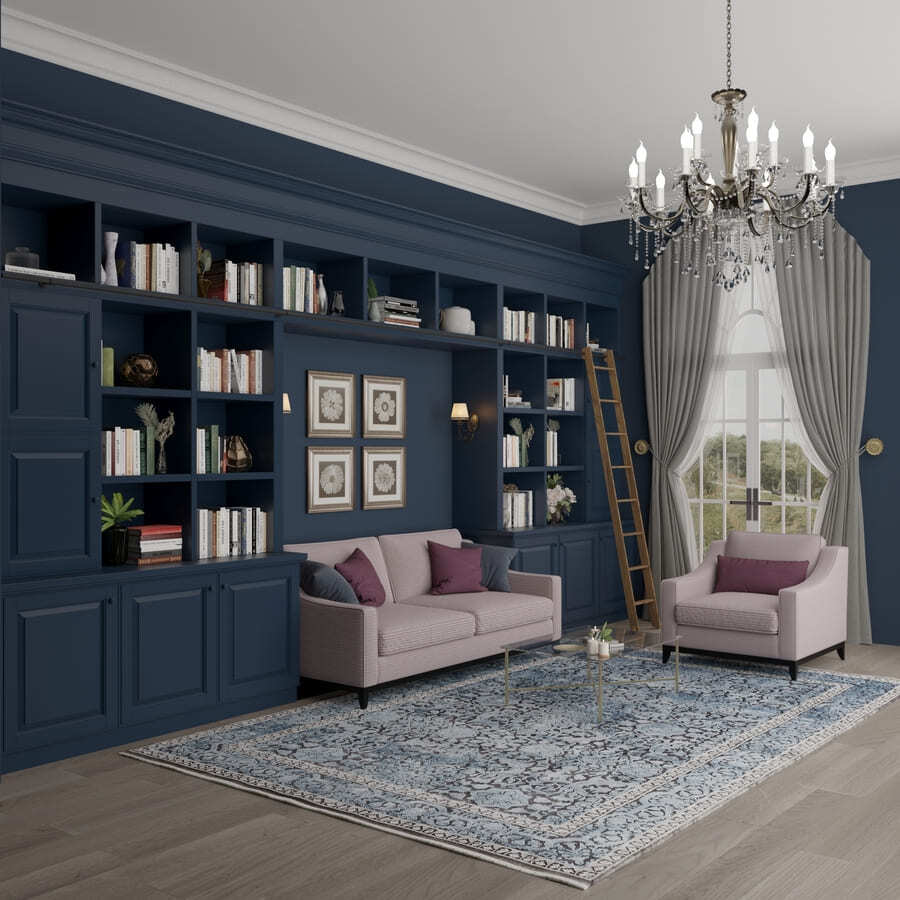 Luxurious blue library room with rolling ladder and custom shelving by DesignLab in Northern Virginia
