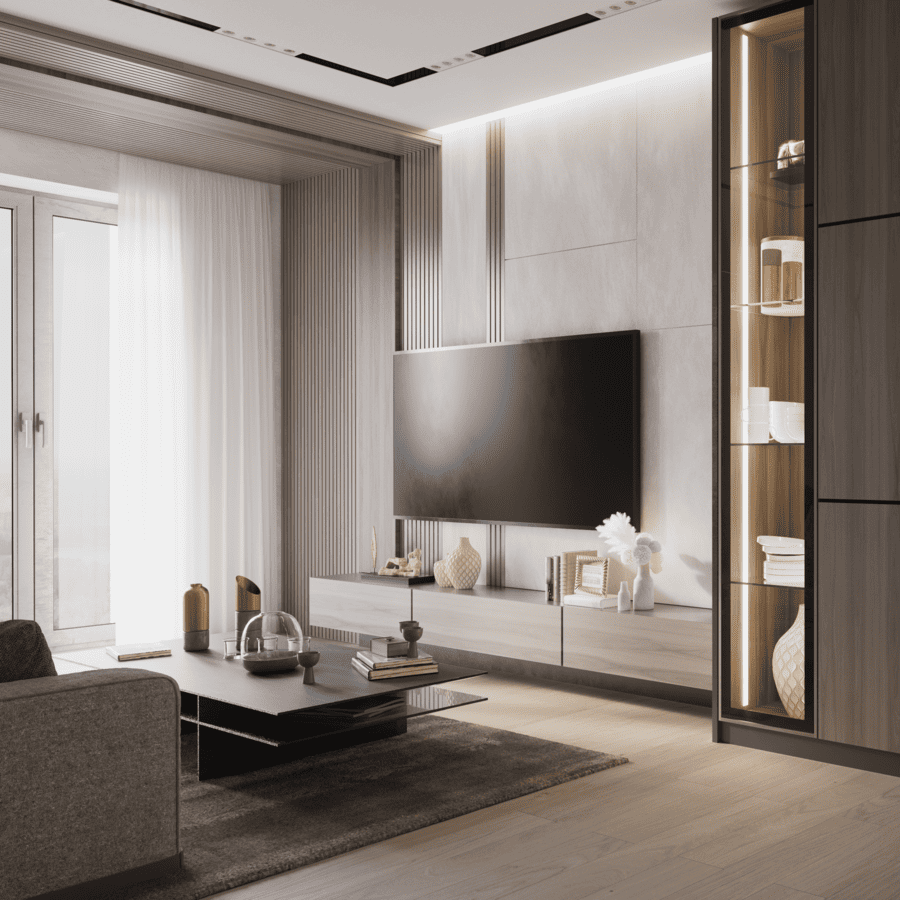 Modern living room entertainment unit with ambient lighting and floating cabinetry by DesignLab in Northern Virginia