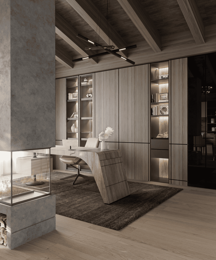 Modern office with slatted wood cabinetry and sculptural desk by DesignLab in Northern Virginia