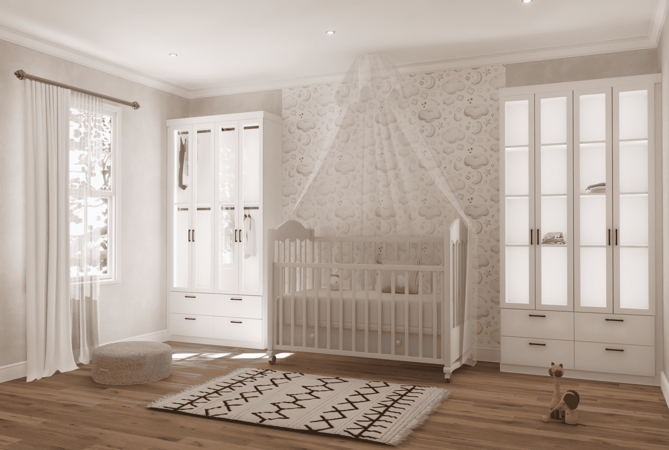 Serene nursery with built-in cabinetry and cloud wallpaper, custom-designed by DesignLab in Northern Virginia