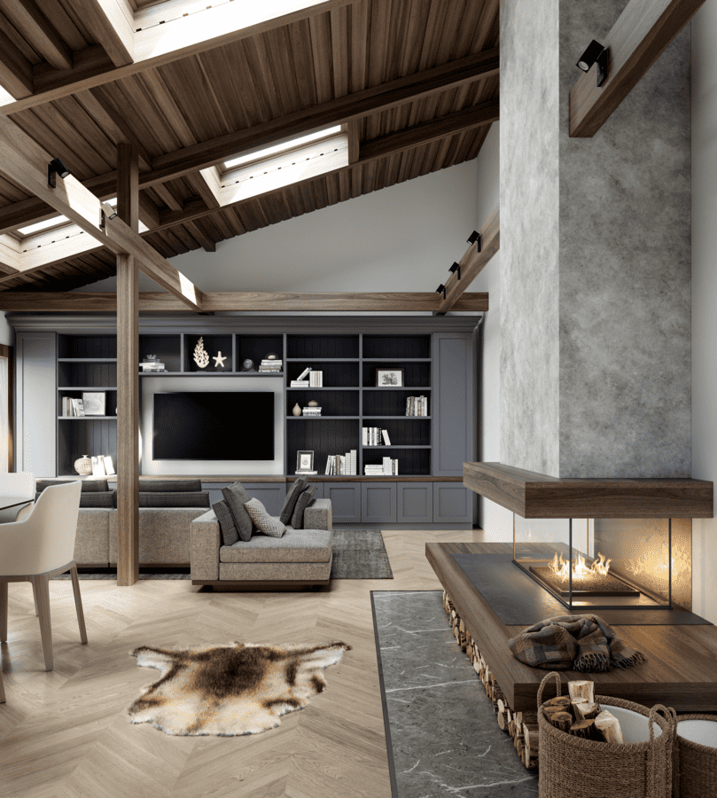 Vaulted ceiling living space with exposed beams and custom cabinetry by DesignLab in Northern Virginia