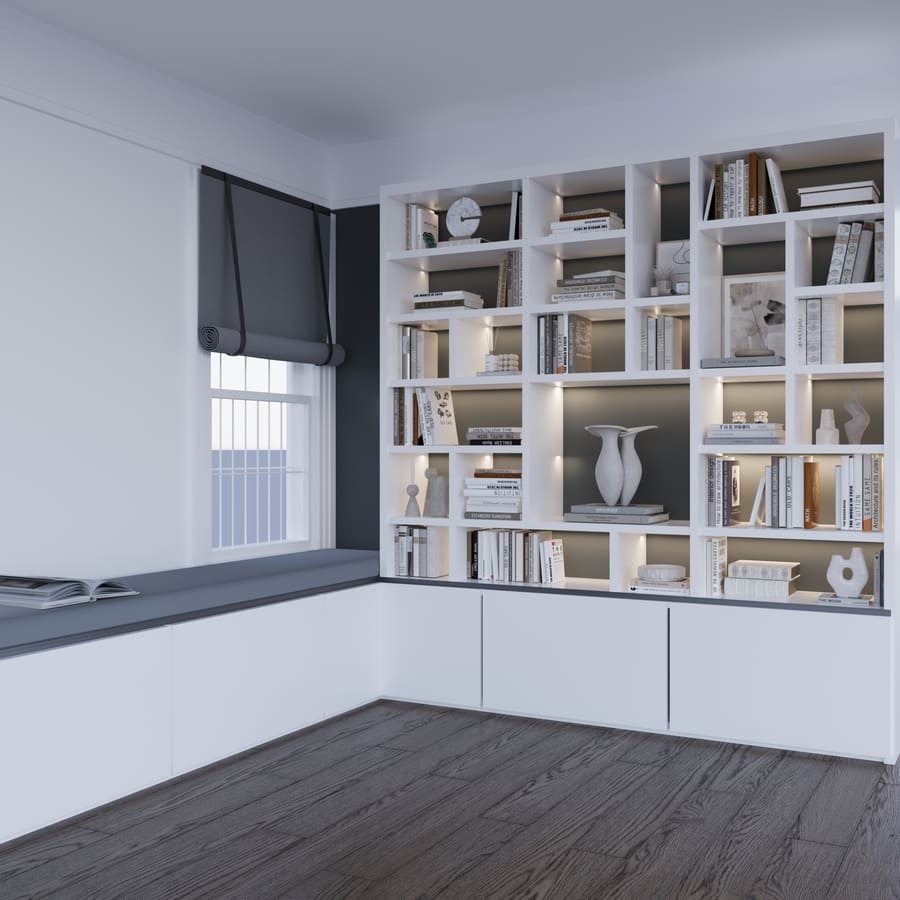 White custom built-in shelving with ambient lighting in a modern Northern Virginia reading nook by DesignLab