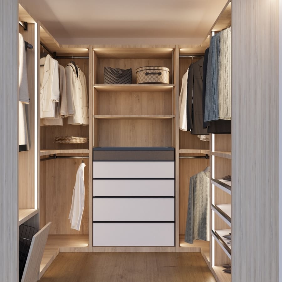 Custom light wood walk-in closet for her designed by DesignLab in the Washington DC Metro area