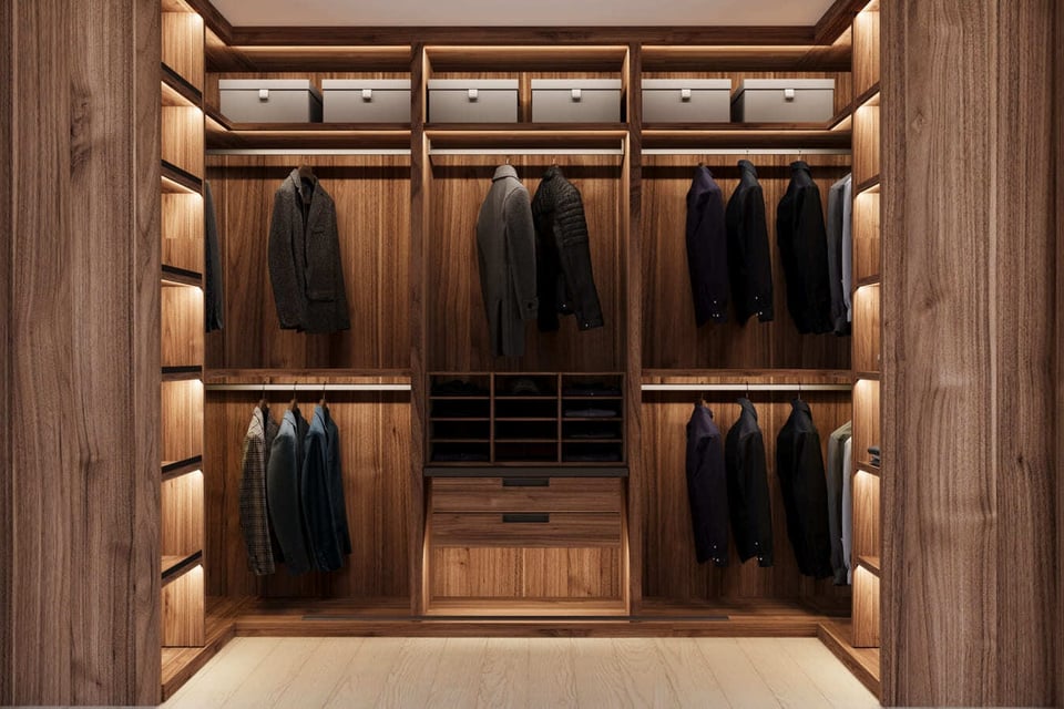 Custom wood-finished men’s closet design by DesignLab in the Washington DC Metro area