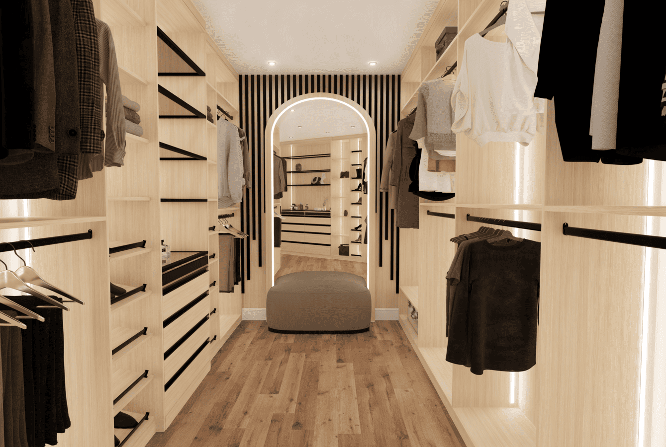 Light wood custom walk-in closet with arched mirror designed by DesignLab in Washington DC Metro