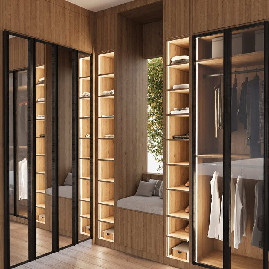Natural wood custom closet with bench seating built by DesignLab in Washington DC Metro