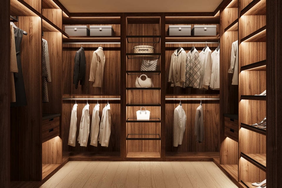Sophisticated custom closet with walnut finish and handbag display by DesignLab in Washington DC Metro