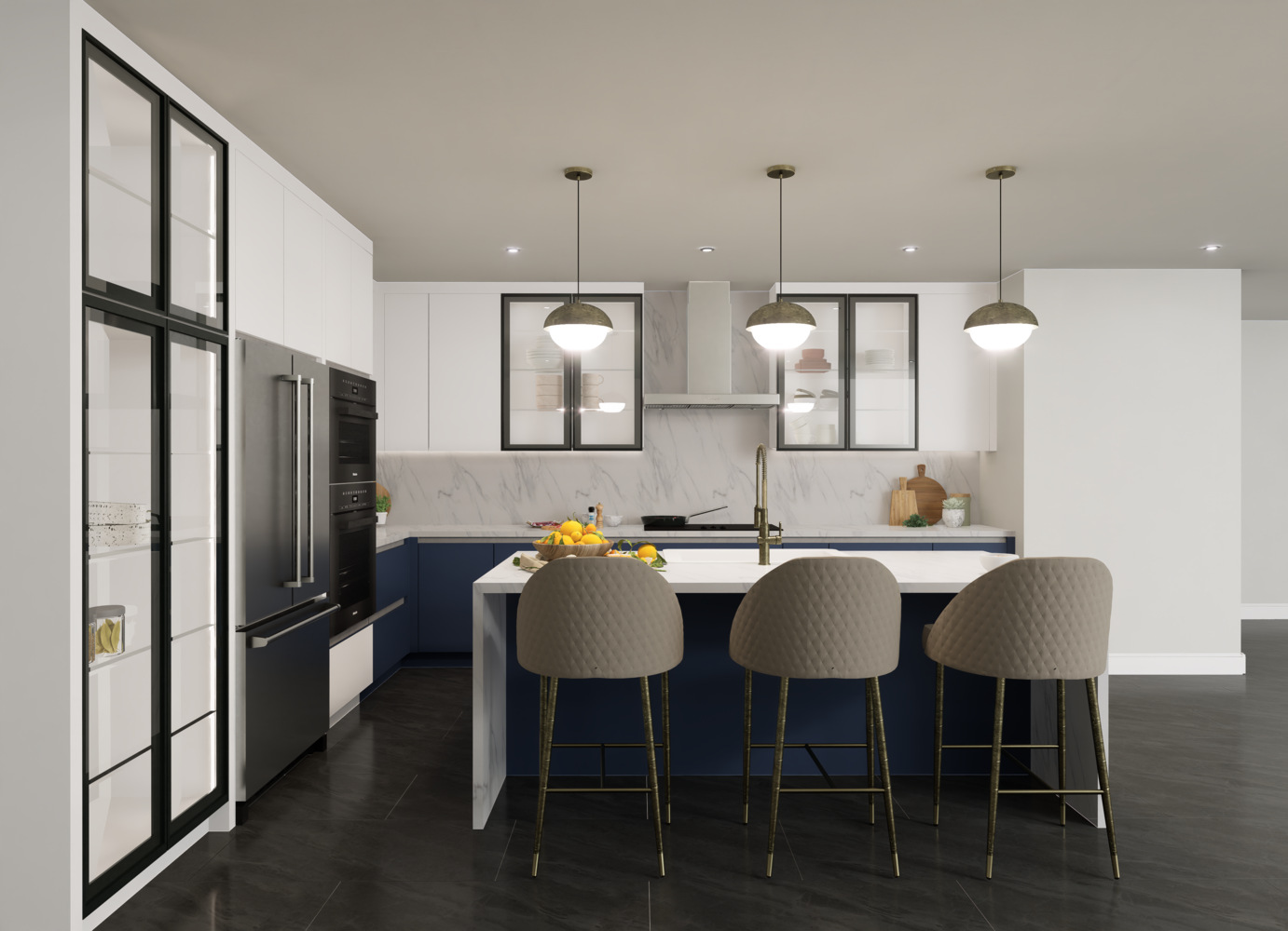 Bright kitchen interior with navy island and white upper cabinets by DesignLab in Northern Virginia