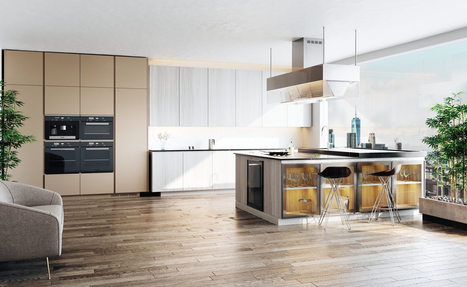 Contemporary kitchen with floor-to-ceiling windows and bar seating by DesignLab in Northern Virginia