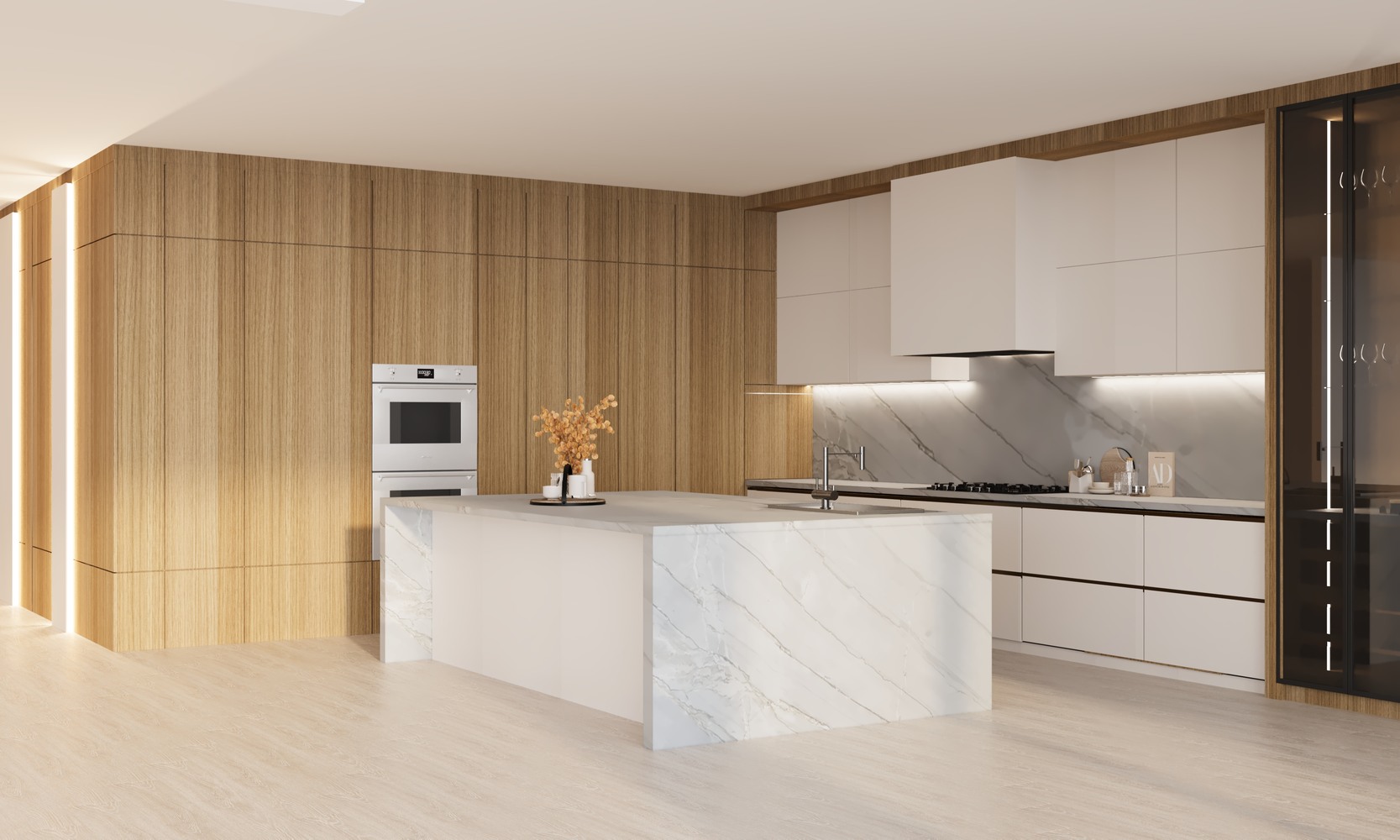 Minimalist kitchen design with marble waterfall island and vertical wood panels by DesignLab in Northern Virginia