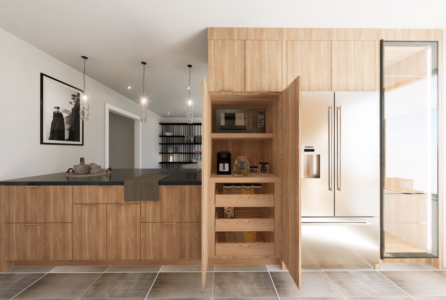 Modern kitchen with hidden pantry and warm wood tones by DesignLab in Northern Virginia