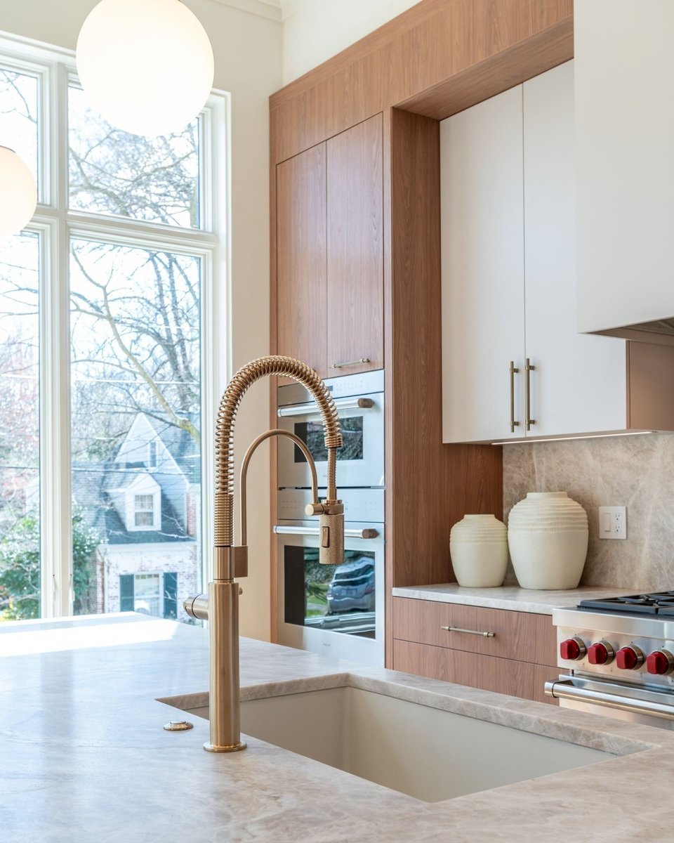 flat panel cabinets in neutral warm tones