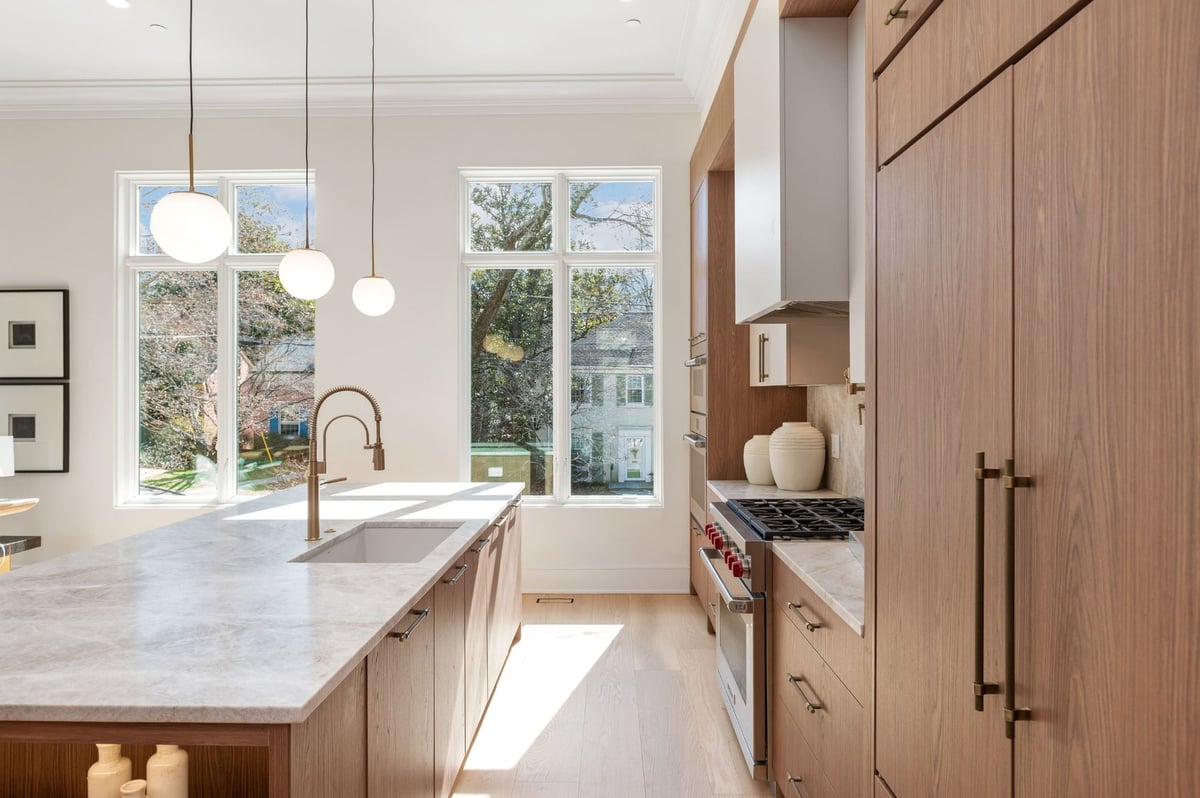 modern neutral kitchen remodel in washington dc with large kitchen island and luxury finishes