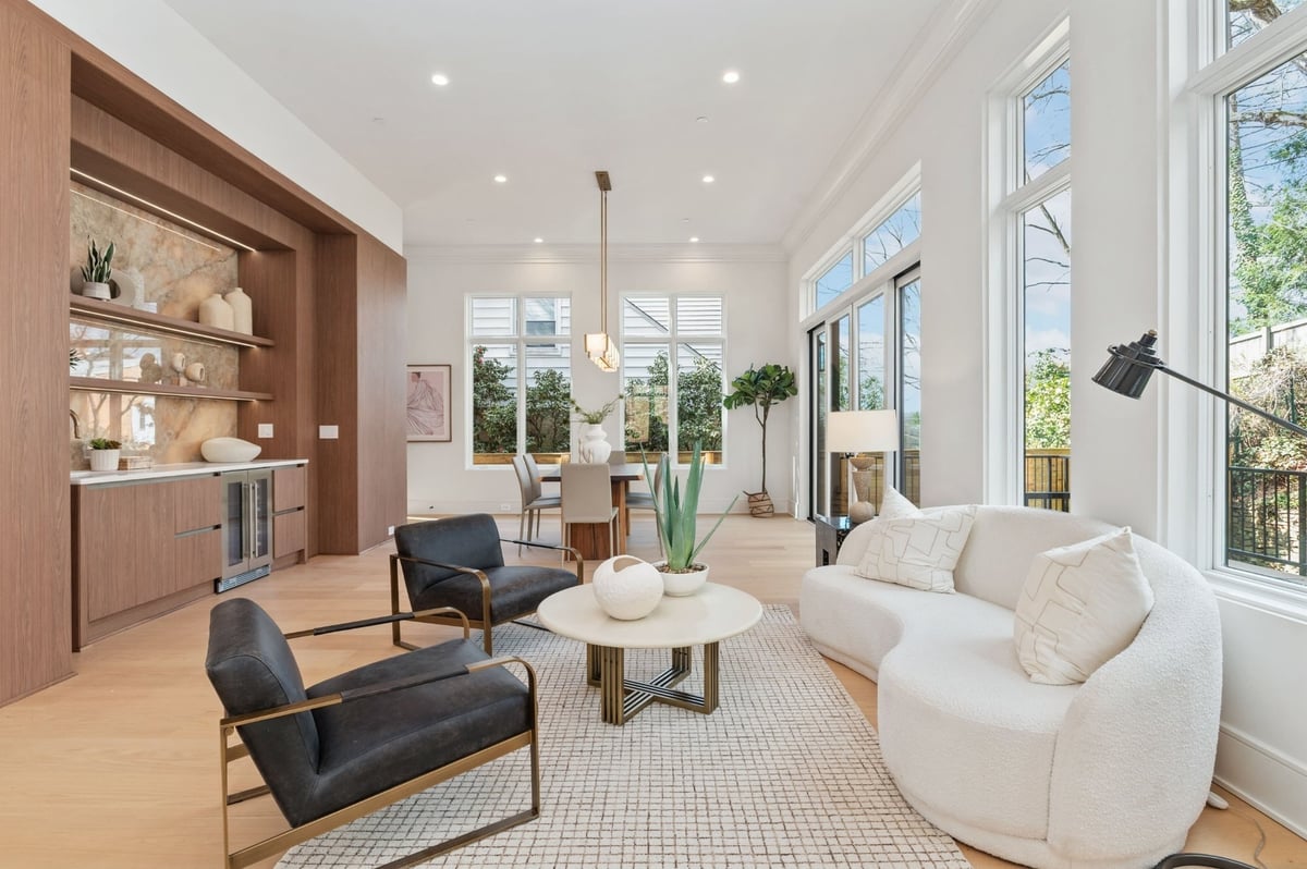 seating area and wet bar in open concept home remodel