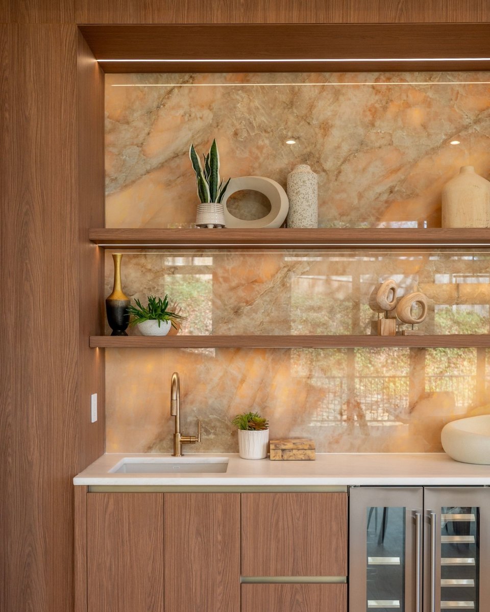statement wet bar with stone slab backsplash