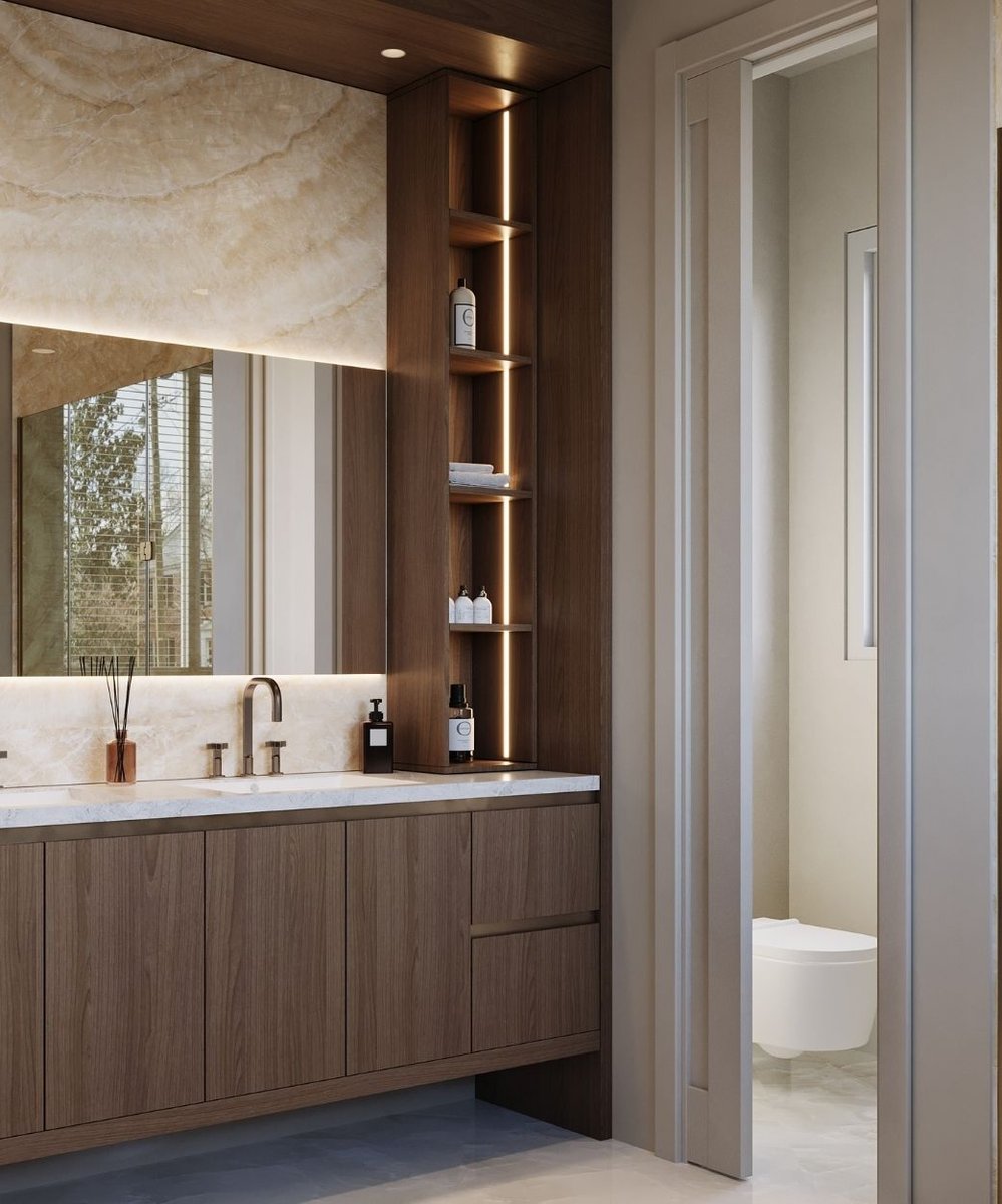 bathroom remodel with backlit mirror and wash closet