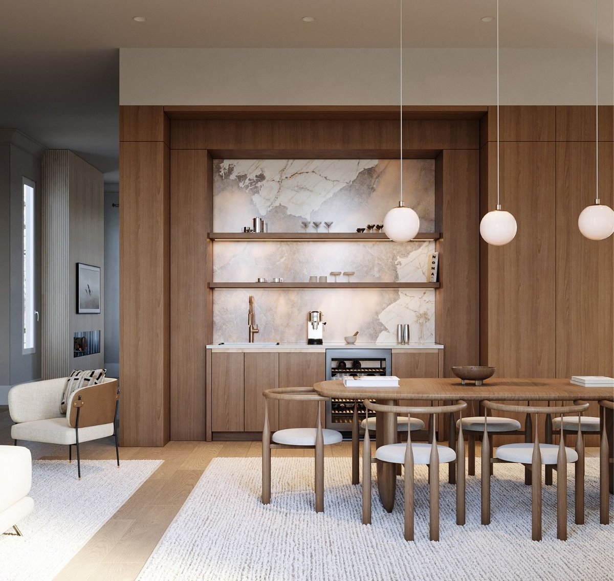 design rendering of warm neutral home renovation with wet bar