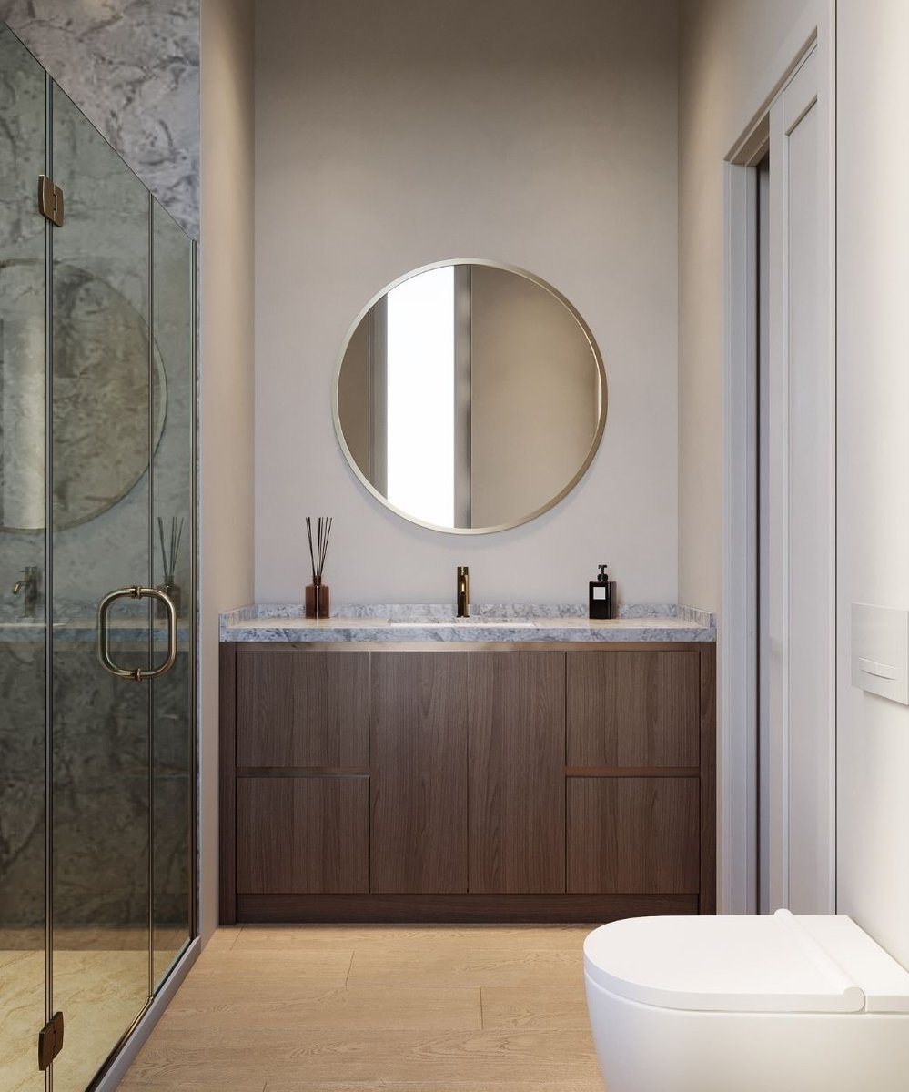 full bathroom remodel with glass door walk in shower and floating toilet