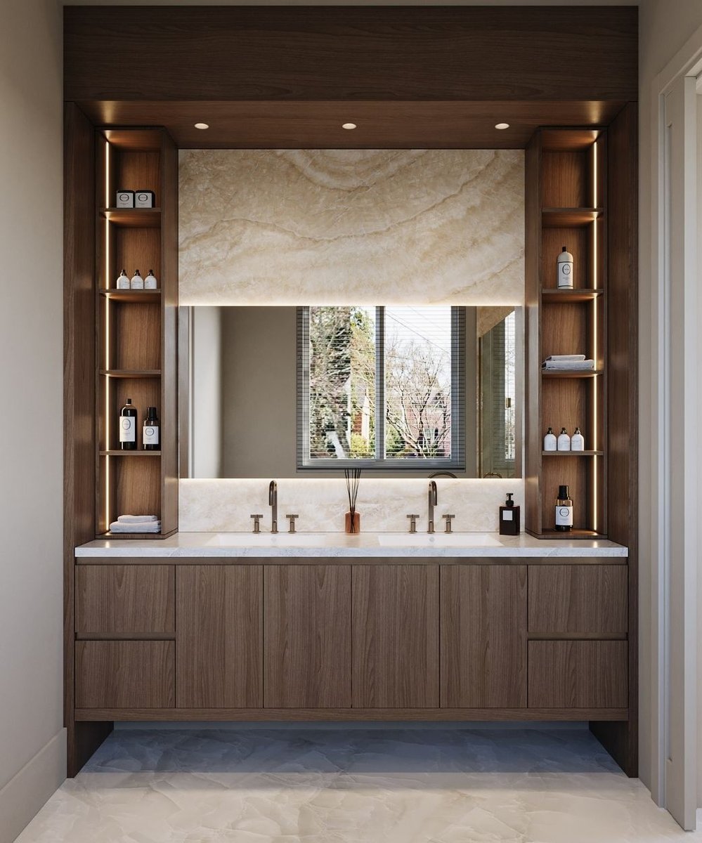 modern double sink vanity with custom lighting and shelving