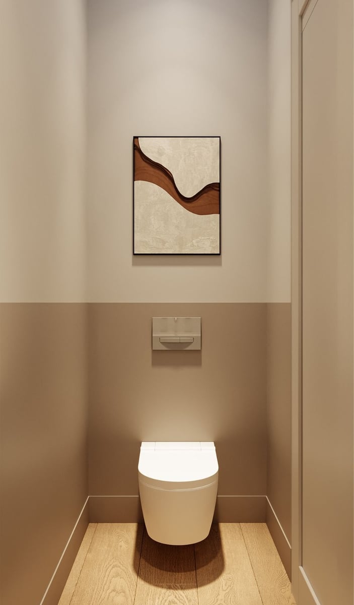 powder room with floating toilet and two tone neutral wall color