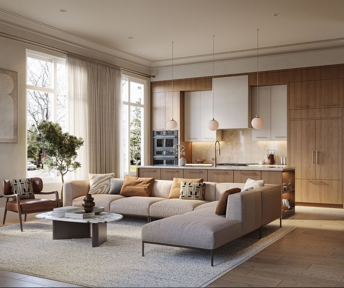 rendering of a neutral modern living room and kitchen design