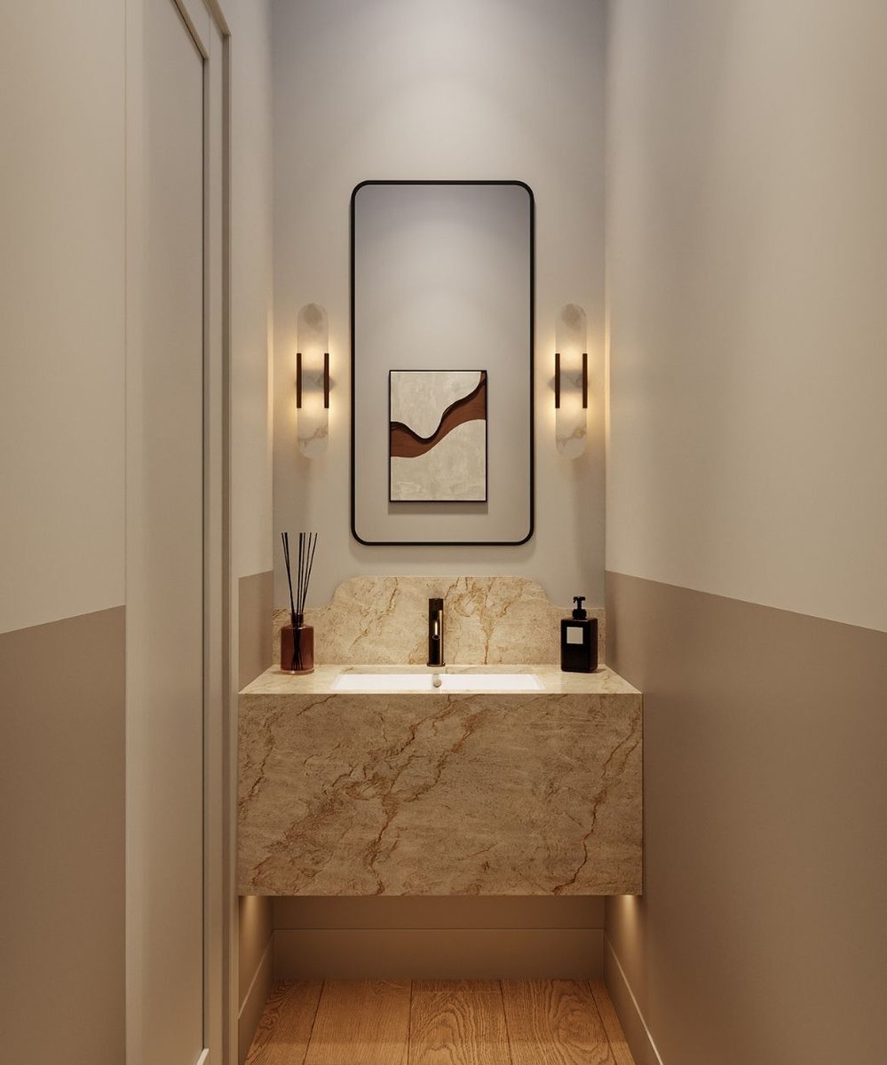 rendering of powder room floating vanity and double wall sconces
