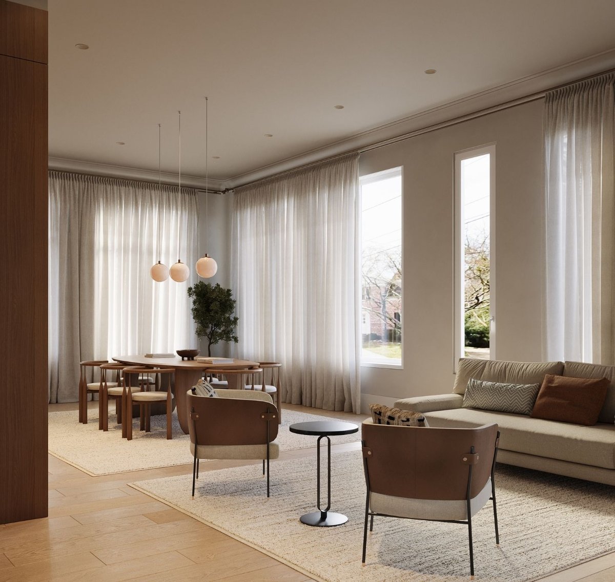 rendering of warm neutral modern home remodel with floor to ceiling curtains