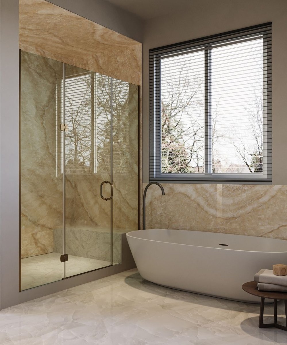 walk in shower and stand alone tub in a warm modern bathroom renovation