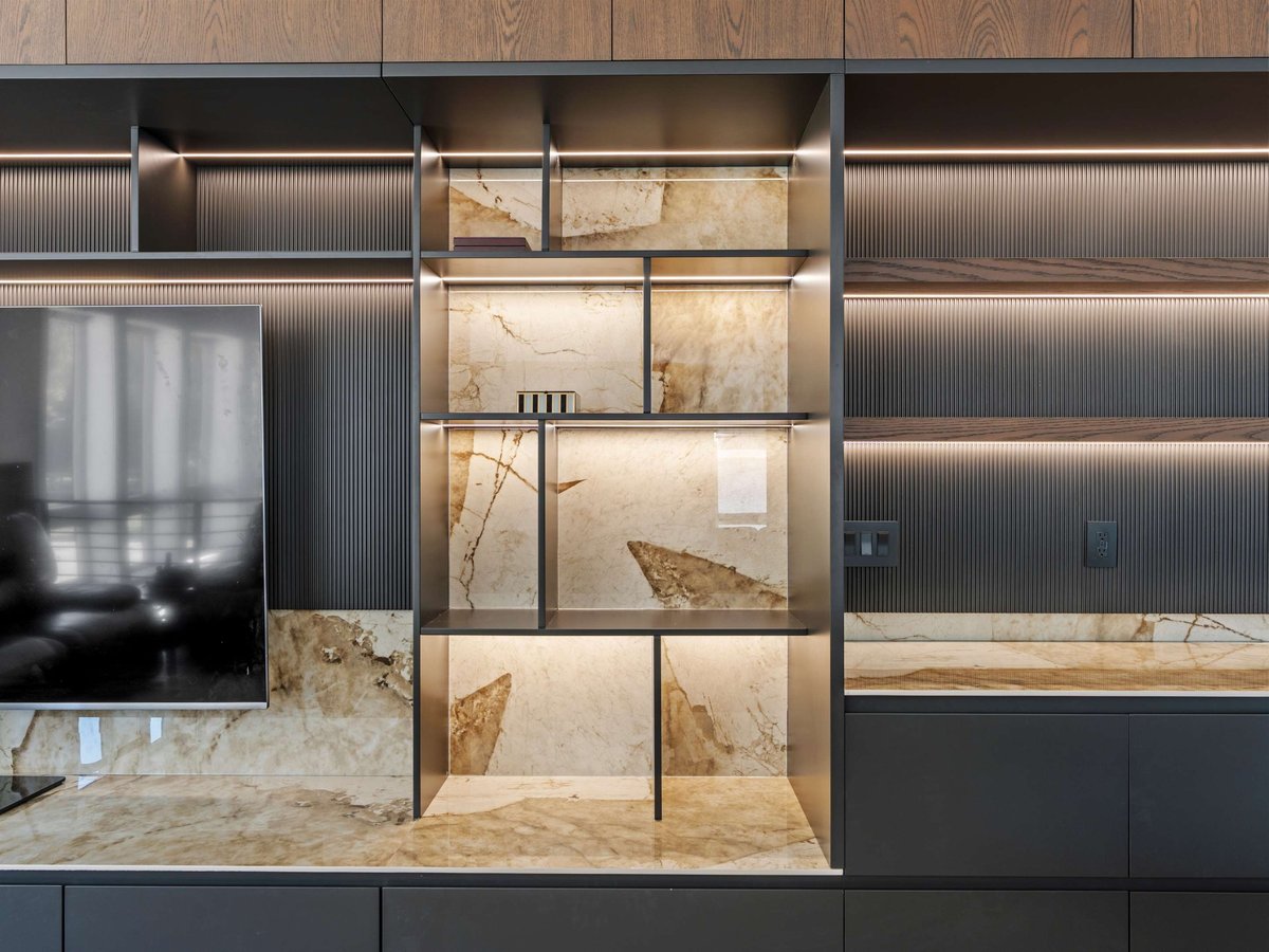 A full custom media wall designed for immersive viewing in Mclean, VA home remodel