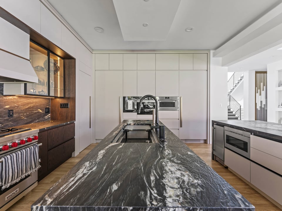 Leathered belvedere quartzite counters in Mclean, VA luxury kitchen remodel