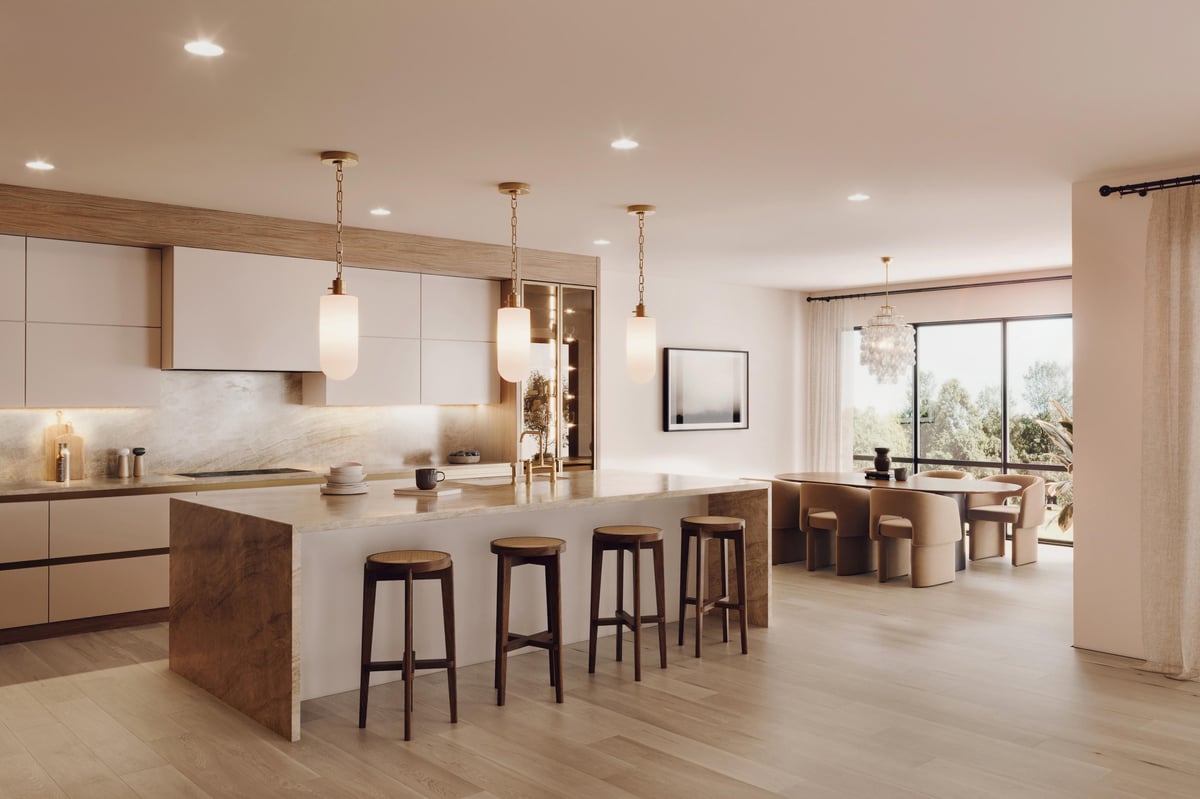 rendering of kitchen and dining area in a luxury home