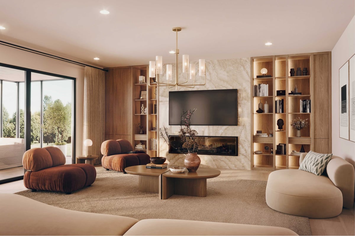 rendering of luxury living room with fireplace