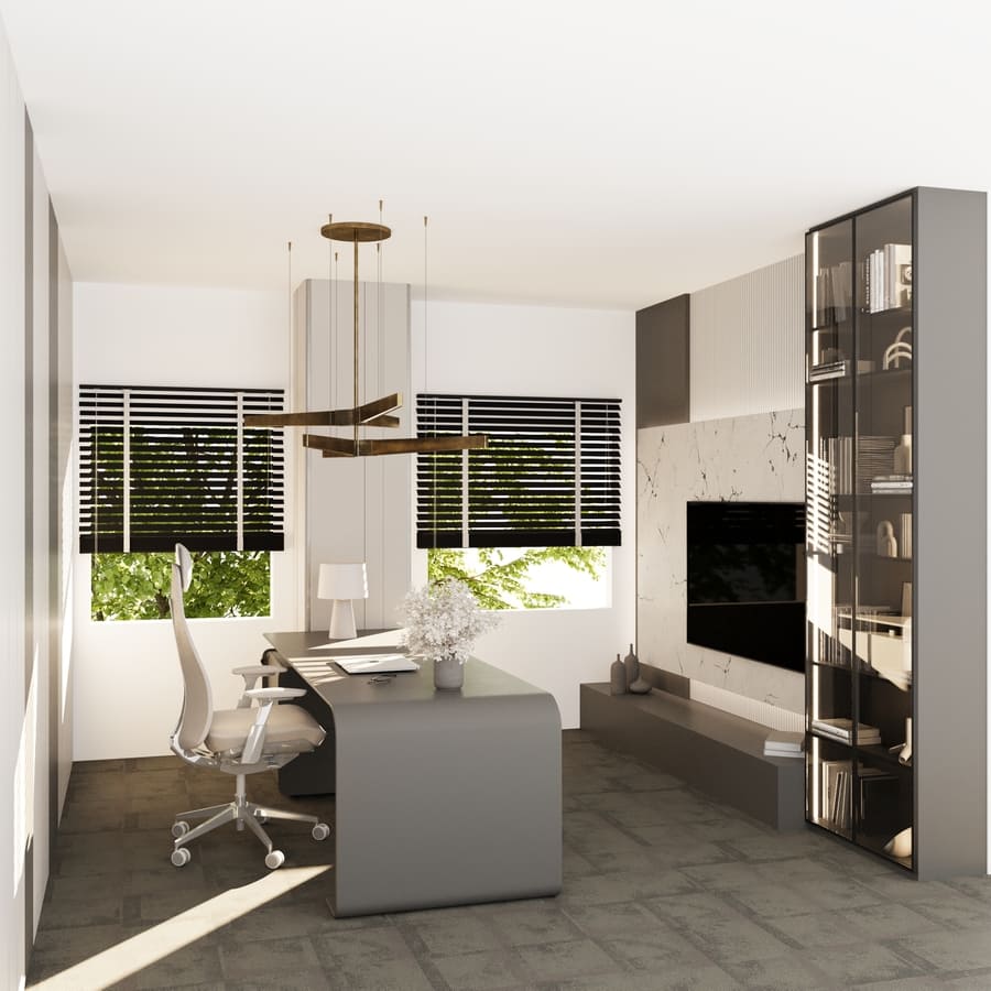 Bright home office with modern gray desk and custom shelving by DesignLab in Northern Virginia