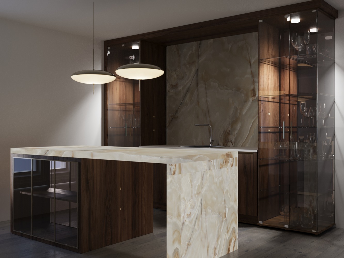 Sophisticated home bar featuring marble textures and warm wood cabinetry in a DesignLab project in McLean, VA