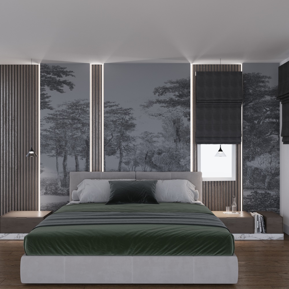 Custom guest bedroom with velvet bedding and dramatic vertical design elements in an Oakton, VA home by DesignLab