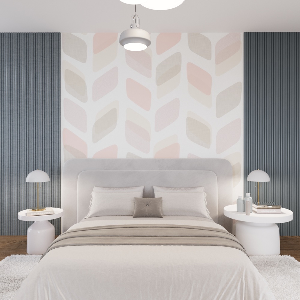 Playful bedroom with pastel patterned wallpaper and soft curved furniture by DesignLab in Washington, DC