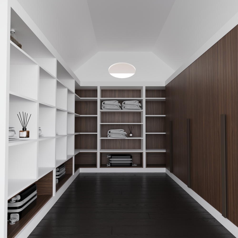 Sleek towel storage with white shelves and dark wood accents by DesignLab in Georgetown, DC
