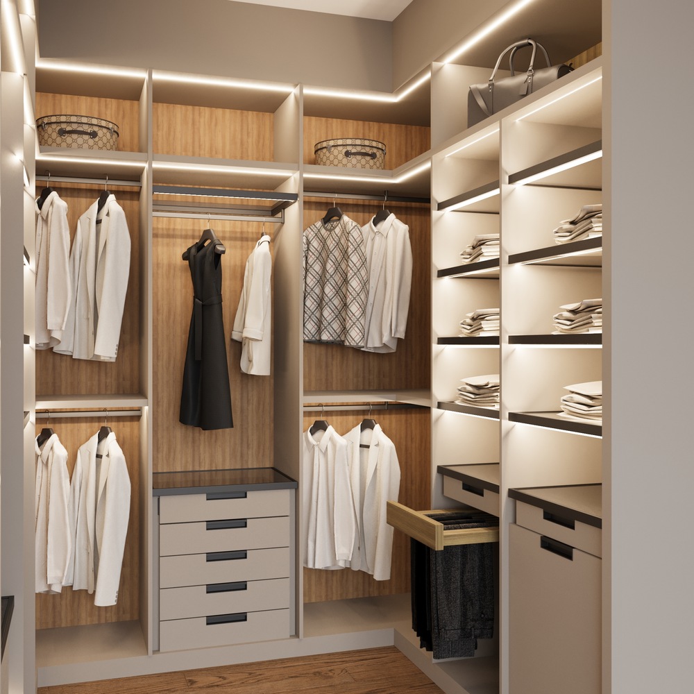 Walk-in closet featuring tailored clothing storage solutions in a home by DesignLab in Potomac, MD