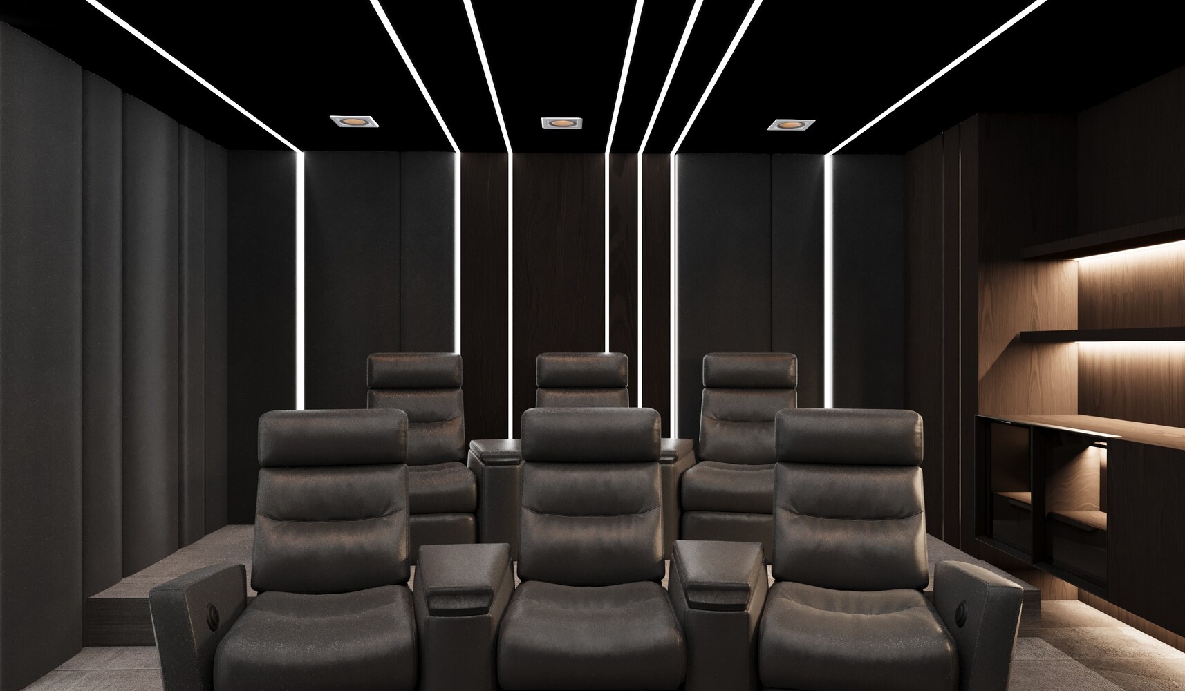 Custom basement home theater with black leather recliners designed by DesignLab in Metro Washington
