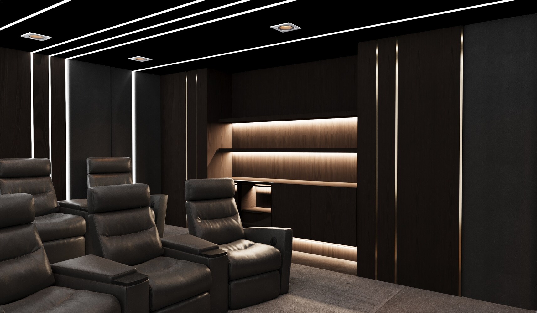 Theater-style basement with black recliners and soft gray carpet in a Metro Washington custom home by DesignLab