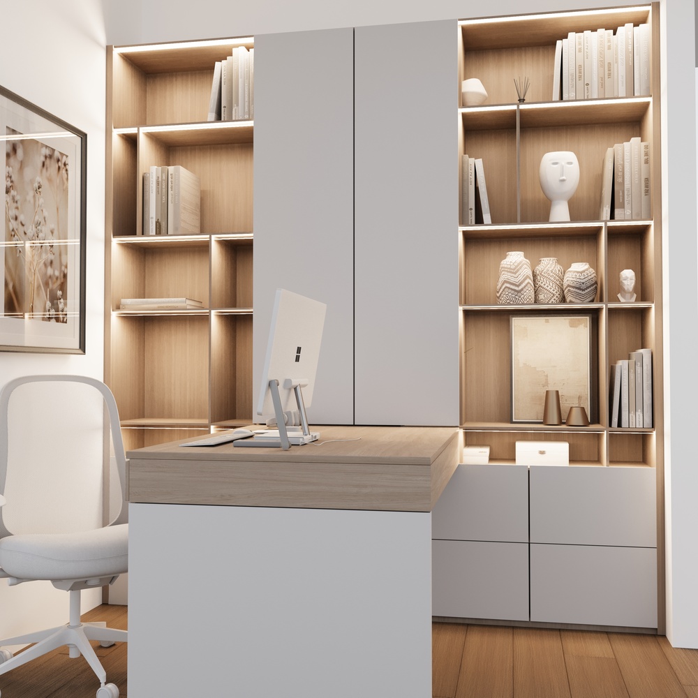 Light-filled minimalist office space with wood desk and styled shelves by DesignLab in Metro Washington custom home